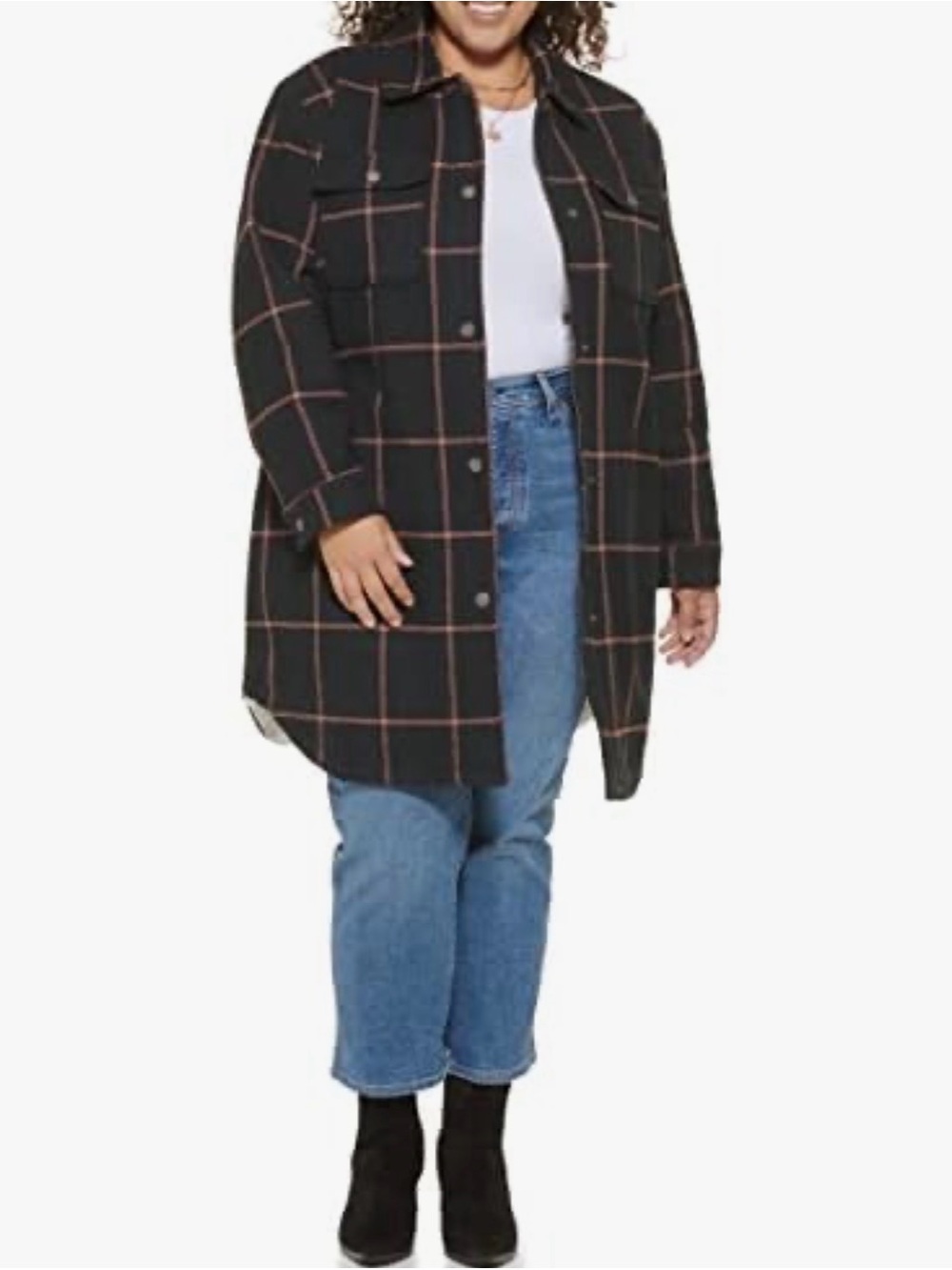 Levi’s Women’s 3X Sherpa Lined Charcoal & Brown Plaid Long Shacket Jacket- NWT